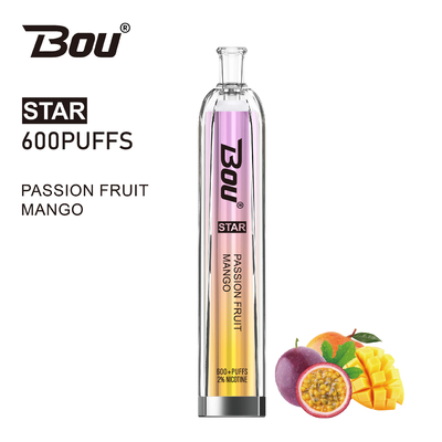 600 퍼프 2 밀리람베르트 2% 니코틴이 500 mah 배터리와 BOU 스타이 기화시킵니다