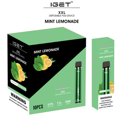 1800 퍼프 7ml XXL IGET Vape 일회용 기화기 포드 E 담배