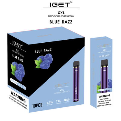 1800 퍼프 7ml XXL IGET Vape 일회용 기화기 포드 E 담배