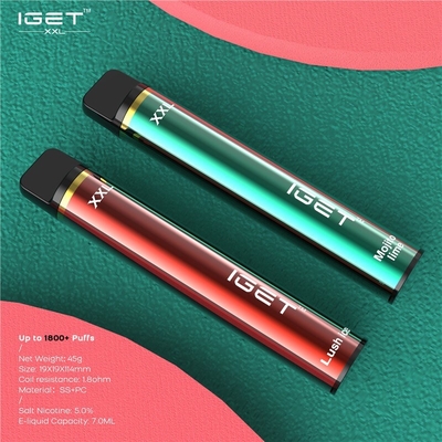 확실한 Iget 1800 퍼프 휴대용 꼬투리 Vape, 7ml XXL 연기가 나는 기화기 펜