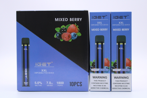 원래 Iget XXL 1800 퍼프 일회용 포드 담배 장치 950mAh 배터리 2.4ml 미리 채워진 카트리지 Vape 펜